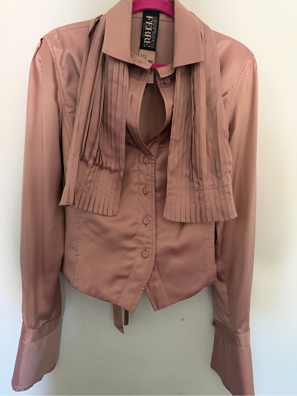 Gianfranco Ferre Blush Taupe Pleated Satin Button-Front Blouse